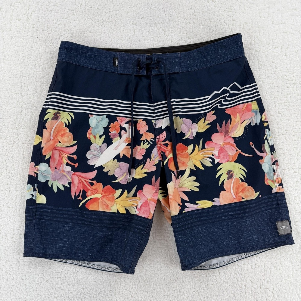 Vans Board Shorts Mens 30 Navy Floral Hawaiian Swim Trunks Surf Beach Quick Dry